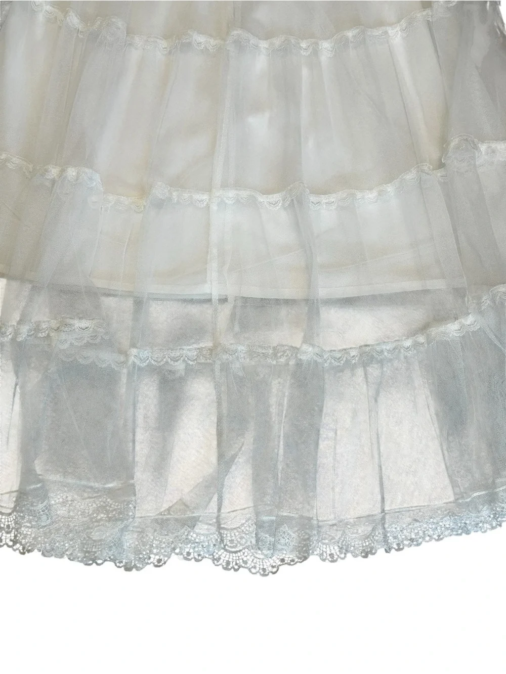 White Tulle Lace Tiered Midi Skirt Flowy Flare Cottagecore Feminine Coquette